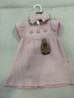 Rabbit & Bear Organic Pink Smocked Tulips Baby Matching Set with Headband